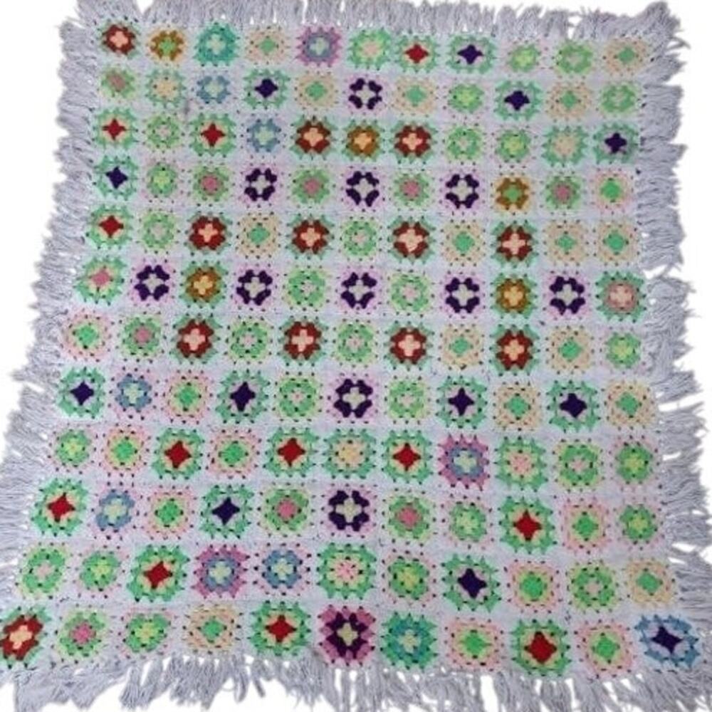 Vintage Afghan Roseanne Granny Square Hand Made Fringe Edges Quilt Baby Blanket